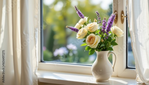 A white ceramic vase holding a mix of white roses and lavender placed on a wooden windowsill with morning light streaming through sheer curtains