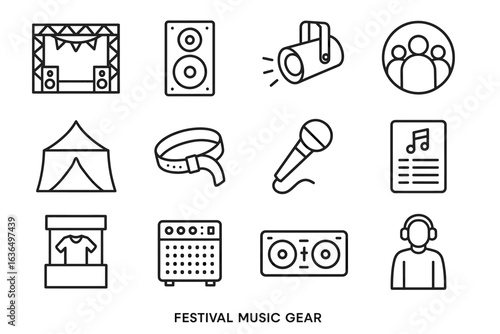 Festival music gear icons set: speakers, microphone, headphones, stage equipment, instruments