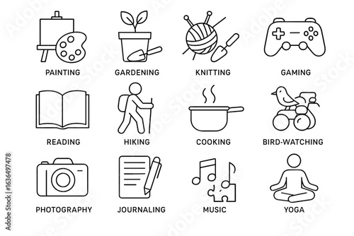 Artistic and recreational icons: painting, gardening, knitting, gaming, and more activities illustrated