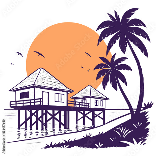 Stylized tropical sunset scene with stilted bungalows palm trees and flying birds over calm water