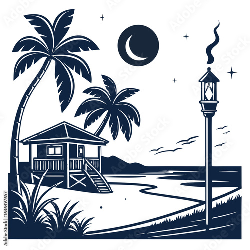 Tranquil tropical beach bungalow under a crescent moon with palm trees and a vintage lamppost at night