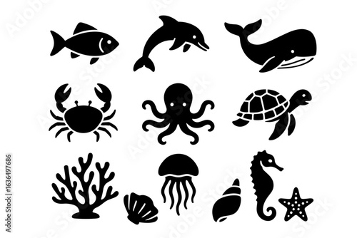 Silhouette icons of marine life including fish, dolphin, whale, crab, octopus, turtle, coral, jellyfish, seahorse, shell, and starfish