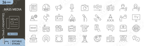 Mass Media icons set. Includes icons for TV, radio, newspaper, microphone, satellite, camera, broadcast, news, social media, and podcast. Editable stroke, line icons. 