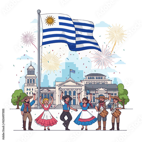 Uruguay Independence Day Celebration with Traditional Dancers and Fireworks