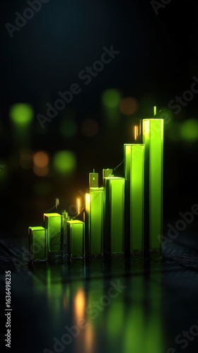 Green financial growth chart with upward trend on a dark reflective surface