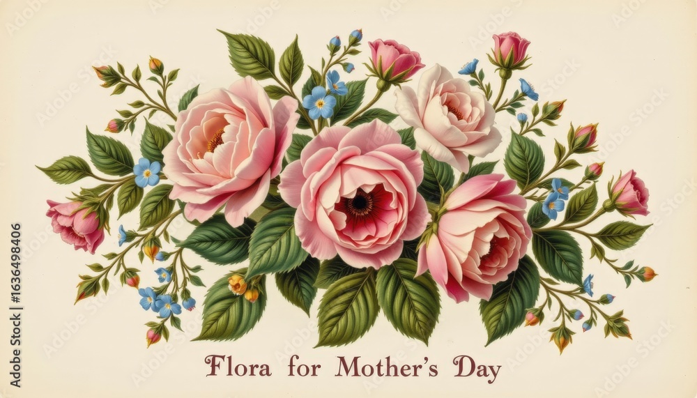 Naklejka premium An antique botanical print of a bouquet featuring pastel roses peonies and forget me nots titled 