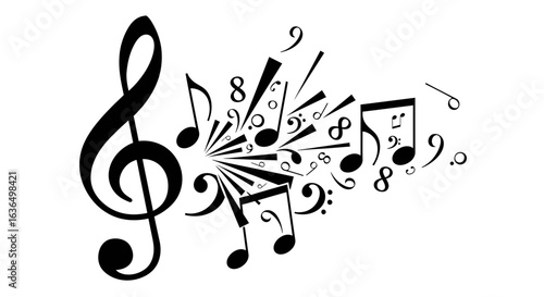 Dynamic music notes and treble clef bursting with energy, perfect for creative projects and musical themes, a vibrant design.
