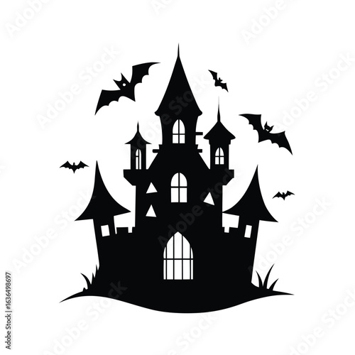 Gothic style haunted house with ravens and eerie lights vector art illustration