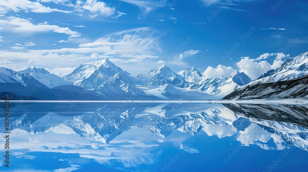 Obraz premium Snow-Capped Mountains Mirror in Clear Blue Sky and Lake: A Vivid Scene of Majestic Peaks Reflecting in Pristine Waters Under a Lively Azure Sky