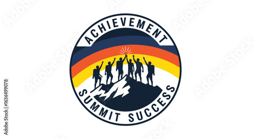 Team achieving summit success with vibrant colors, representing teamwork, achievement, and goal attainment in a dynamic, modern design