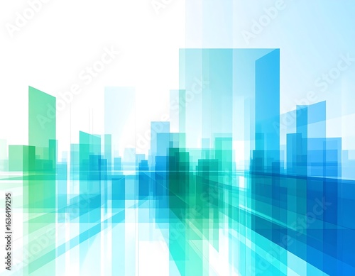 Abstract cityscape, teal & green buildings