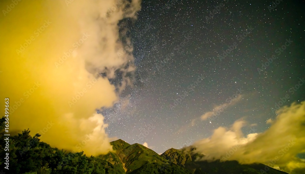 Fototapeta premium Golden Clouds Frame Starry Night Sky Above Mountain Peaks