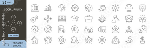 Social policy icons set. Includes welfare, equality, public health, education, housing, and community support concepts. Editable stroke. Line icons. Perfect for government and nonprofit.