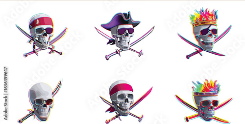 Colorful skull graphics with accessories and swords