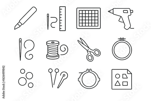 Minimalist craft tools set with needlework and glue gun icons