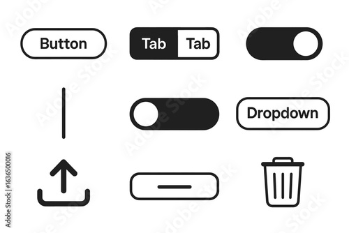 Ui design elements collection: buttons, tabs, toggles, and dropdown icons