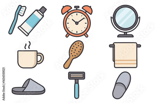 Morning routine essentials: toothbrush, mirror, clock, mug, comb, towel, razor, slippers