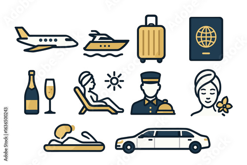 Luxury travel icons: jet, yacht, limousine, vacation essentials