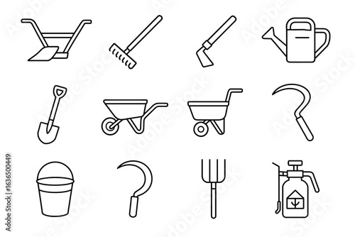 Vector icons of essential gardening tools for landscaping and horticulture