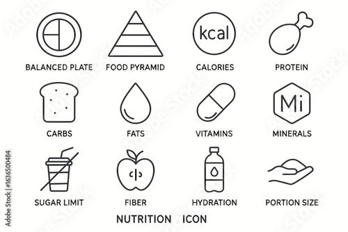 Nutrition icons: balanced diet, food pyramid, calories, protein, carbs, fats, vitamins, minerals, hydration