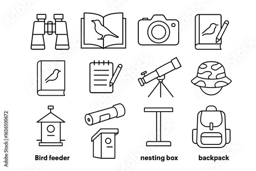 Bird watching icons: binoculars, camera, notebook, telescope, birdhouse, backpack