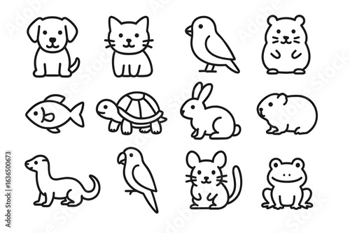 Set of cute cartoon animal outlines featuring dogs, cats, birds, and more
