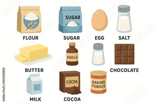 Essential baking ingredients: flour, sugar, egg, salt, butter, vanilla, chocolate, milk, cocoa, baking powder