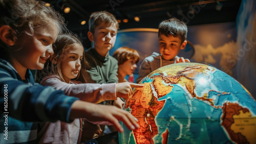 Group of schoolchildren in a science museum near an interactive globe, touching it, climate zones, warm and cold colors, children on a school excursion, kids studying geography, planet Earth, ecology 