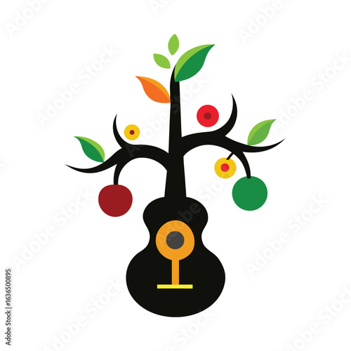 Guitar base forming tree trunk with vinyl record leaves vector art illustration