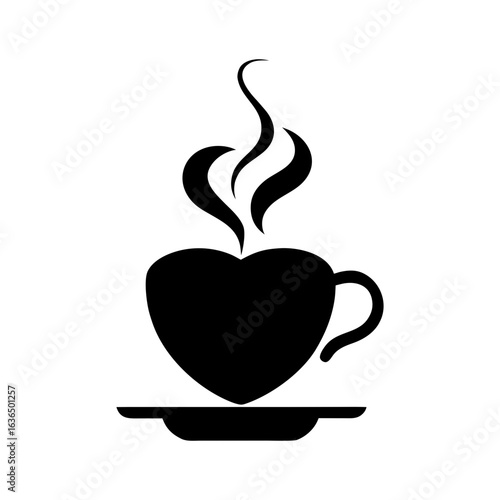 Silhouette of a teacup with rising steam shaped like a heart form with transparent background