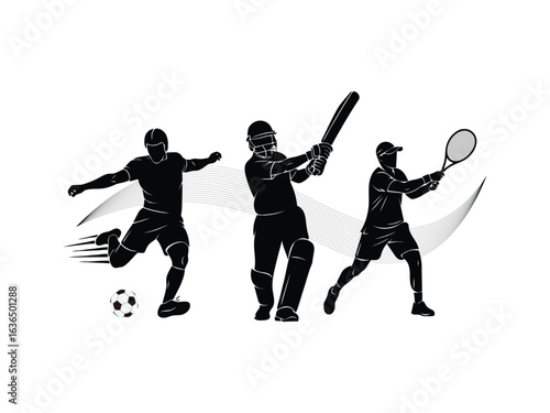 Silhouettes of sports cricket football badminton players in various positions teammates football cricket badminton vector