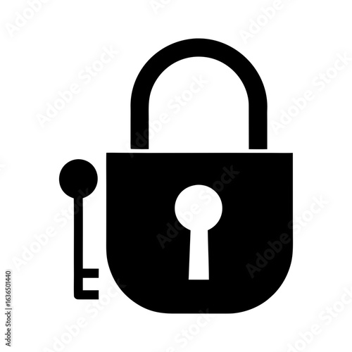 Silhouette of a key nested inside a lock hole perfectly with transparent background