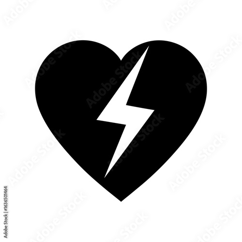 Silhouette of a heart with bold lightning crack down the center with transparent background