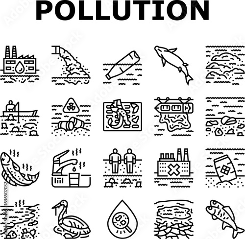water pollution contamination icons set vector