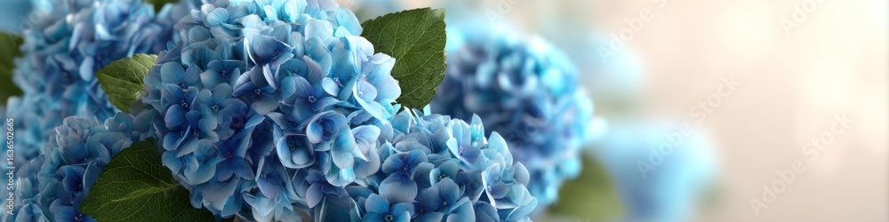 Blue hydrangea flowers with green leaves on a soft, blurred background Blue hydrangea flowers with green leaves on a soft, blurred background