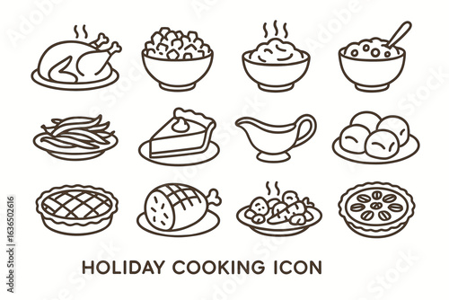 Holiday cooking icons: roast turkey, mashed potatoes, gravy, pie, and more