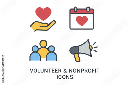 Volunteer and nonprofit icons featuring heart, calendar, group, and megaphone symbols