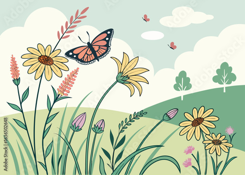 Floral Serenade: A vibrant illustration showcasing a monarch butterfly gracefully dancing above the lively blooms, symbolizing the essence of spring.