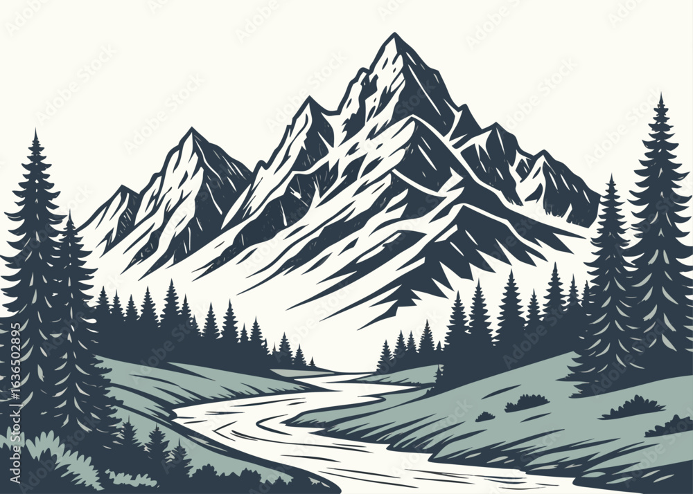 Fototapeta premium Majestic Mountain Panorama: A detailed illustration capturing a stunning mountain range scene, with a winding river, trees and peaks set against a subtle backdrop.