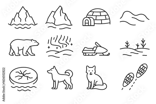 Outline icons of arctic scenes and wildlife: mountains, igloo, polar bear, northern lights, snowmobile