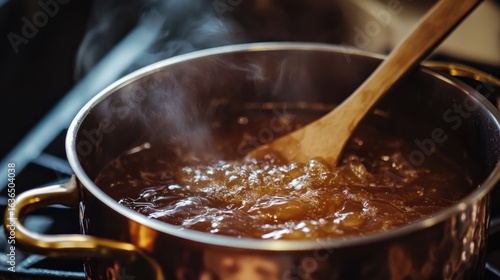 A fresh batch of salted caramel in a copper pot, bubbling and turning a deep amber color, a wooden spoon resting nearby, rich and decadent, warm and inviting.