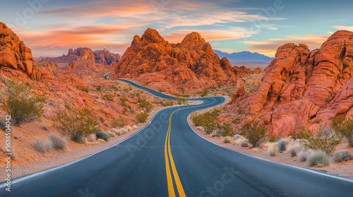 Winding Road Through Red Rock Formation under Colorful Sky