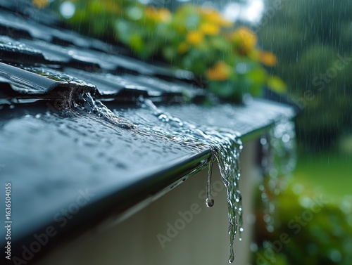Rainwater cascades and drips from a dark shingled roof, showing glistening drops against a blurred backdrop of green foliage and yellow flowers. A refreshing natural scene.