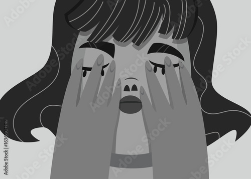 Girl scared in enxiety, girl closes her face with hands, eating disorder, girl suffering anorexia or bulimia nutrition disorder, Diet concept, vector illustration, food illustration