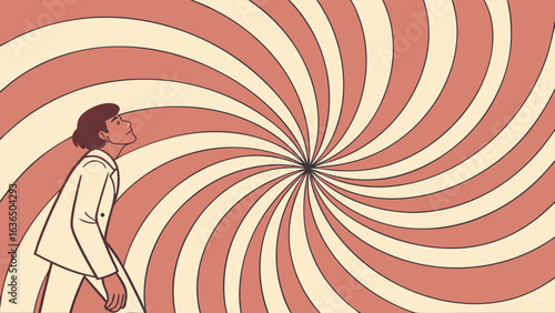 Retro illustration of a man looking at a hypnotic spiral, psychedelic optical illusion with vintage style and abstract geometric pattern