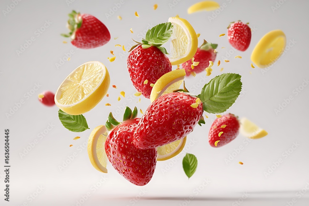 Naklejka premium Strawberries and lemon slices flying on white background