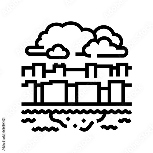 urban river dirty foam smoke air pollution line icon vector illustration