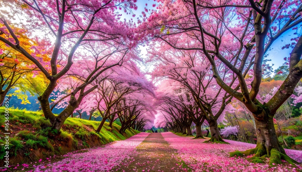 Naklejka premium A breathtaking landscape photo of a beautiful cherry blossom alley in full bloom, with a path leading through the tunnel of pink flowers and petals on the ground