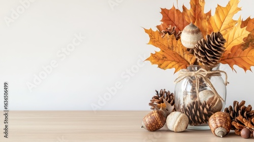 Fototapeta Naklejka Na Ścianę i Meble -  A seasonal display features autumn leaves, pinecones, and acorns arranged in a glass jar on a wooden table, capturing the essence of fall decor