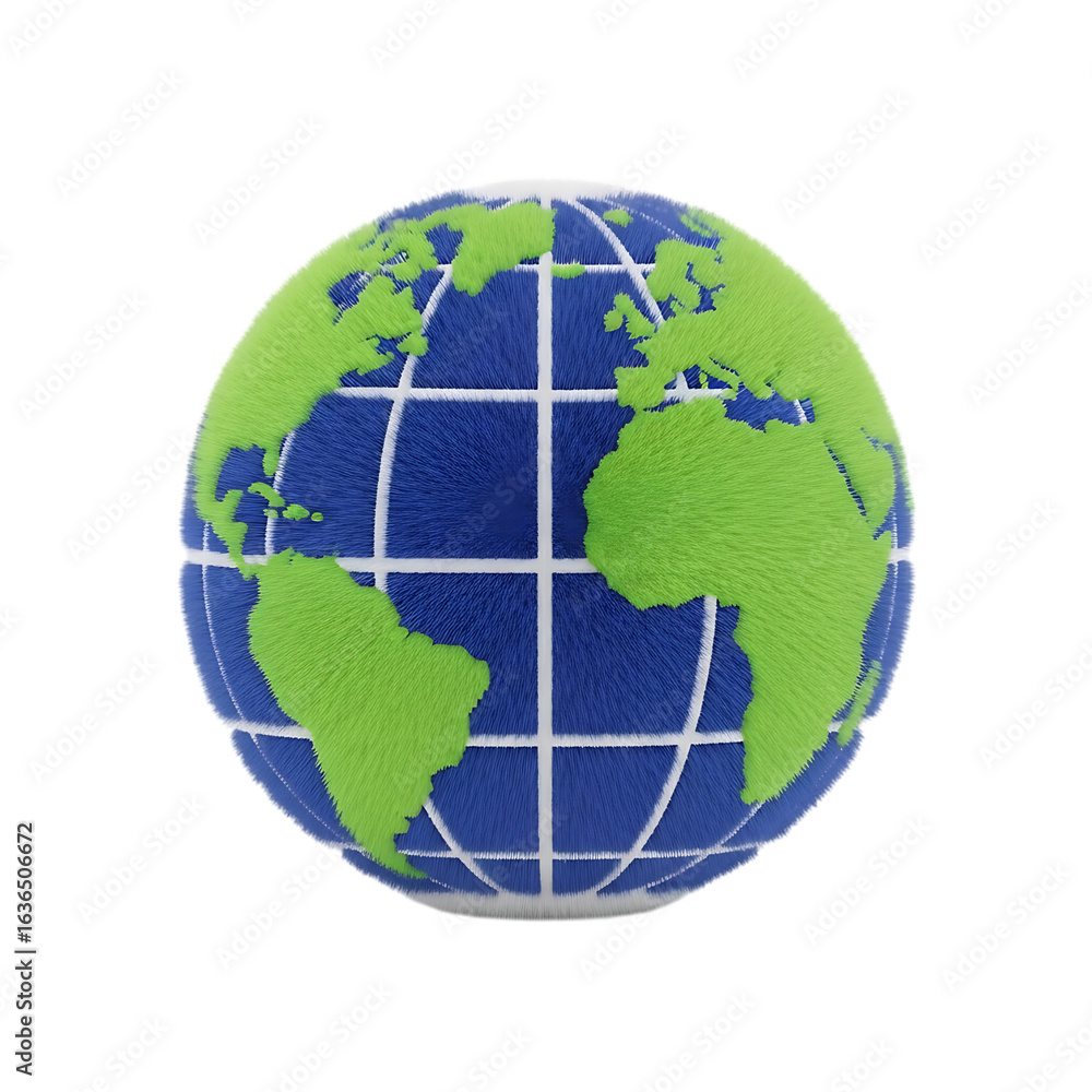 Fototapeta premium A fuzzy blue and green globe with continents and oceans, isolated on a transparent background